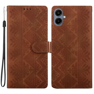 For Samsung Galaxy A08 5G  /  A08 4G  /  A07 5G  /  A07 4G  /  A06 5G  /  A06 4G Wallet Case Imprinted Ethnic Pattern Leather Phone Cover with Wrist Strap - Brown