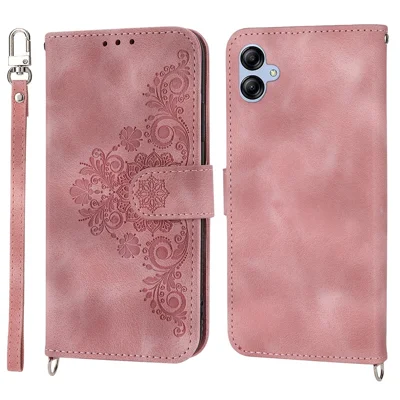 Für Samsung Galaxy A04e 4G / F04 4G / M04 4G Brieftaschen-Handyhülle, Hautgefühl, geprägte Blumen, Ständer, Ledertasche mit Handschlaufe und Schultergurt - Rosa