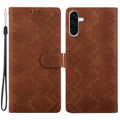 For Samsung Galaxy A26 5G  /  A17 5G  /  A17 4G  /  A18 5G  /  A18 4G Wallet Case Imprinted Ethnic Pattern Leather Phone Cover with Wrist Strap - Brown