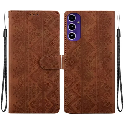 For Samsung Galaxy A27 5G Wallet Case Imprinted Ethnic Pattern Leather Phone Cover with Wrist Strap - Brown