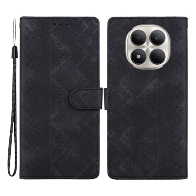 For Xiaomi Redmi Note 15 Pro+ 5G (Global)  /  Poco M8 Pro 5G Wallet Case Imprinted Ethnic Pattern Leather Phone Cover with Wrist Strap - Black