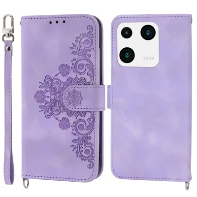 Shoulder Bag Phone Case for Xiaomi 13 Pro 5G, Wallet Function Skin-touch Feeling Imprinted Flowers Stand Leather Wristlet Pouch - Light Purple