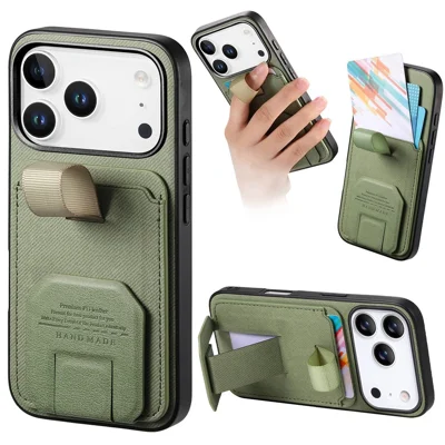 For iPhone 18 Pro Max / 17 Pro Max Case Cloth Texture TPU PU Leather PC Phone Back Cover with Card Holder Kickstand - Green