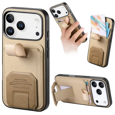 For iPhone 18 Pro / 17 Pro Case Cloth Texture TPU PU Leather PC Phone Back Cover with Card Holder Kickstand - Khaki