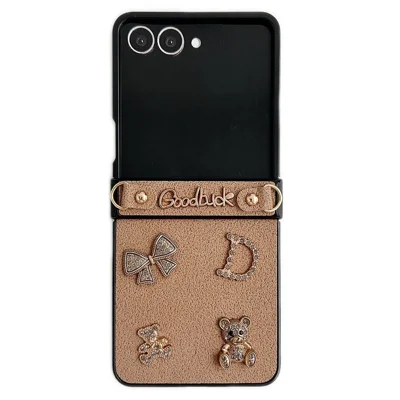 For Samsung Galaxy Z Flip8 Case Moon Crater Texture Leather + PC Protective Cover with Rhinestone Metal Charms - Khaki