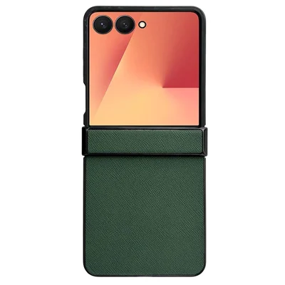 For Samsung Galaxy Z Flip7 5G Case Cross Texture Hinge Protection Leather + PC Foldable Phone Cover - Green
