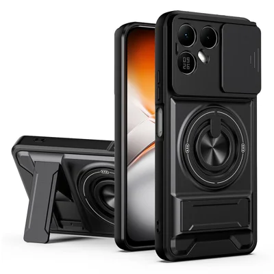Coque magnétique pour TECNO Pova 8 5G avec anneau support, pied intégré pliable, housse en TPU et PC, couvercle coulissant pour objectif photo - Noir