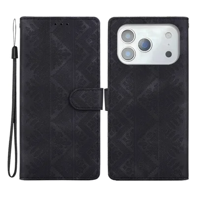 For iPhone 18 Pro Max  /  17 Pro Max Wallet Case Imprinted Ethnic Pattern Leather Phone Cover with Wrist Strap - Black