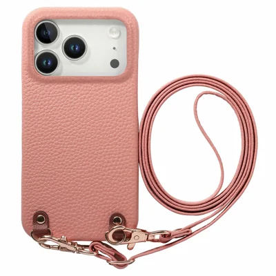 For iPhone 18 Pro Max Litchi-mønsteret hylster med snor og støddæmpende PC PU-læderdæksel - Lyserød