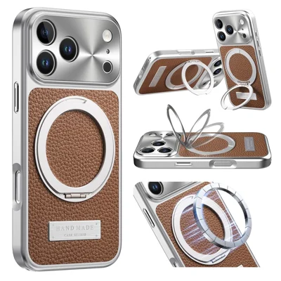 Voor iPhone 18 Pro Max Magnetische Case met Litchi-structuur PU-leer+TPU+PC Telefoonhoes met Draaibare Stand - Bruin