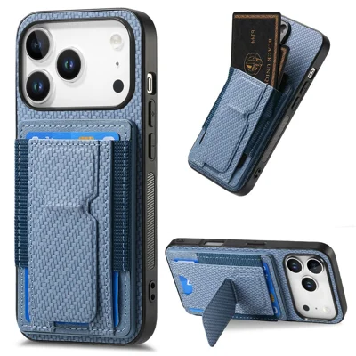 For iPhone 18 Pro Max / 17 Pro Max Case with Card Holder Kickstand Fiber Pattern Leather Back Cover - Blue