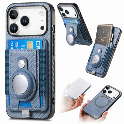 For iPhone 18 Pro / 17 Pro Case with AirTag Holder Detachable Card Slot Leather + TPU + PC Phone Cover - Blue