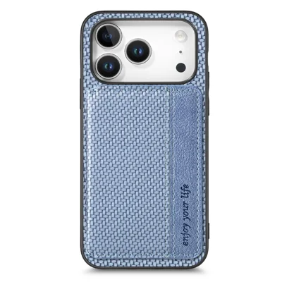 For iPhone 18 Pro Max Case RFID-blokerende kuvert af kulfiberlæder med kortlomme - Blå