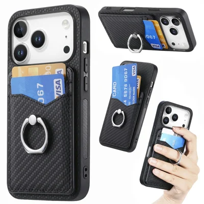 Til iPhone 18 Pro Max Case PU-læderbelagt PC+TPU telefonbeskytter med ringholder og kortlommer - Sort