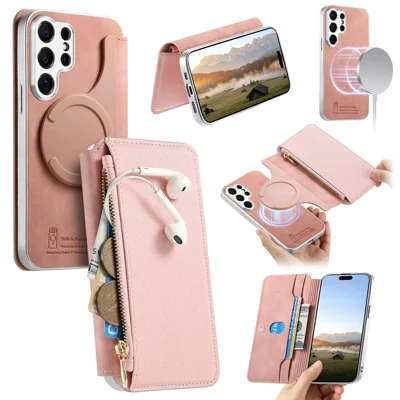 For Samsung Galaxy S26 Ultra Magnetic Case Detachable 2 in 1 Flip Wallet Leather Phone Cover with Suction Cup - Pink