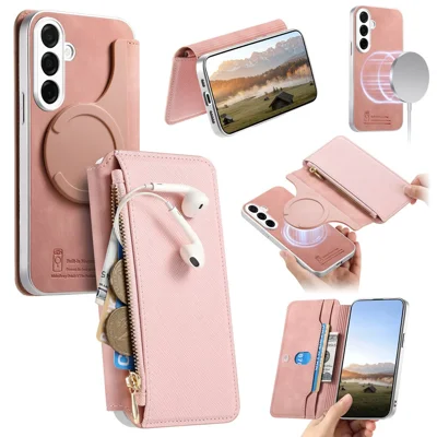 For Samsung Galaxy S26+ Magnetic Case Detachable 2 in 1 Flip Wallet Leather Phone Cover with Suction Cup - Pink