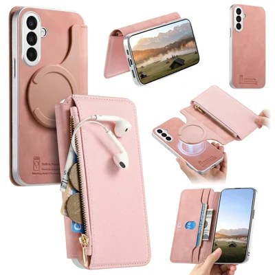 For Samsung Galaxy S25 Magnetic Case Detachable 2 in 1 Flip Wallet Leather Phone Cover with Suction Cup - Pink