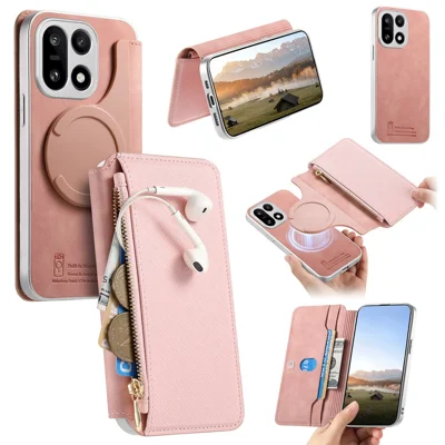 For OnePlus 15 5G Magnetic Case Detachable 2 in 1 Flip Wallet Leather Phone Cover with Suction Cup - Pink