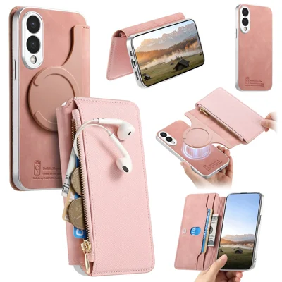 For Samsung Galaxy S25 Edge Magnetic Case Detachable 2 in 1 Flip Wallet Leather Phone Cover with Suction Cup - Pink