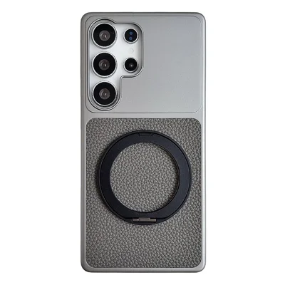 For Samsung Galaxy S25 Ultra Case Rotating Magnetic Kickstand Litchi Texture Leather Coated PC + TPU Phone Cover - Matte Grey
