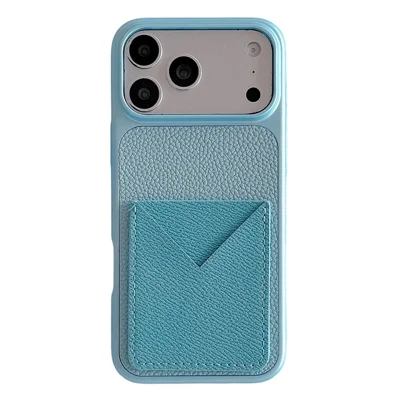 Voor iPhone 17 Pro-hoesje met kaartslot metaalverf Litchi-structuur Leercoating PC + TPU telefoonhoesje - Mistblauw