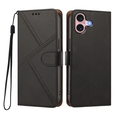 Für iPhone 16 Hülle Diamantsteppung aus PU-Leder Brieftasche Kippdeckel mit Handschlaufe - Schwarz