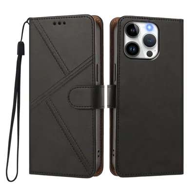 Für iPhone 15 Pro Hülle Diamantsteppung PU-Leder Brieftasche Klappe mit Handschlaufe - Schwarz