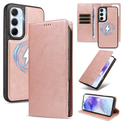  For Samsung Galaxy A55 5G Magnetic Case Detachable 2 in 1 Leather Wallet Phone Cover - Rose Gold