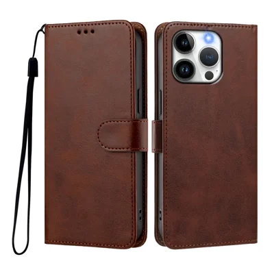 Für iPhone 15 Pro Hülle Flip Brieftasche Ständer PU Leder Handyhülle mit Handschlaufe - Braun