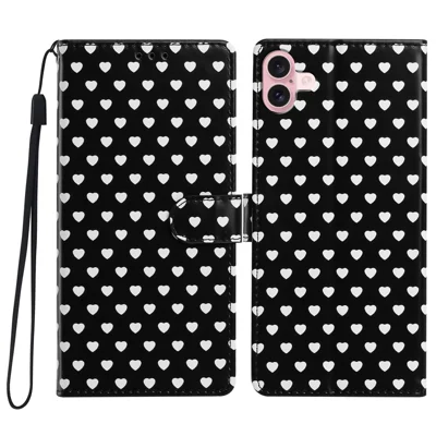 Für iPhone 16 Hülle Herz-Muster PU-Leder Klappe mit Ständer und Brieftasche, mit Handschlaufe - Schwarz