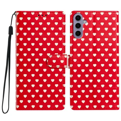 For Samsung Galaxy A17 4G / A17 5G Case Heart Pattern PU Leather Flip Wallet Stand Phone Cover with Wrist Strap - Red