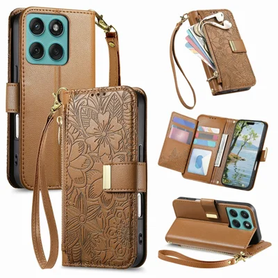 Phone Case For Motorola Moto G17 4G / G17 Power 4G / G15 4G / G15 Power 4G , Floral Leaf Pattern Multi Card Slots Zipper Leather Cover with Wrist Strap - Brown