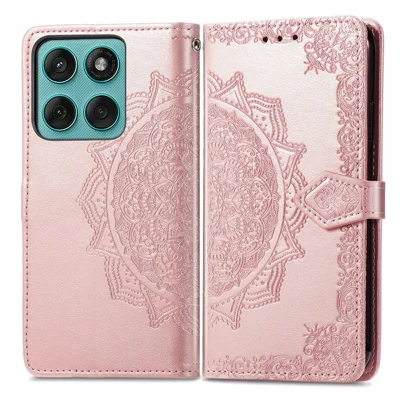 Wallet Case For Motorola Moto G17 4G / G17 Power 4G / G15 4G / G15 Power 4G , Mandala Flower Leather Phone Cover Stand - Rose Gold