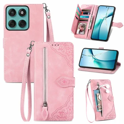 Zipper Wallet Case with Strap For Motorola Moto G17 4G / G17 Power 4G / G15 4G / G15 Power 4G , Flower Imprint PU Leather Phone Cover - Pink