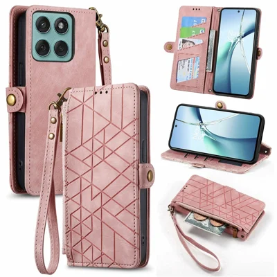 Phone Case For Motorola Moto G17 4G / G17 Power 4G / G15 4G / G15 Power 4G , Zipper Wallet Geometry Lines Leather Phone Cover with Strap - Pink