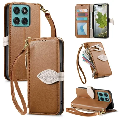 Stand Case For Motorola Moto G17 4G / G17 Power 4G / G15 4G / G15 Power 4G , Leaf Shape Magnetic Clasp Leather Phone Cover with Hand Strap - Brown
