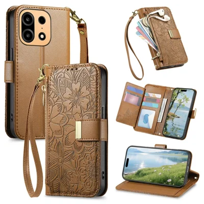 Coque pour OnePlus Turbo 6X Pro 5G Motif Floral et Feuilles Poche Portefeuille Multiples Fentes Zipper Cuir de Couleur Marron avec Sangle de Poignet