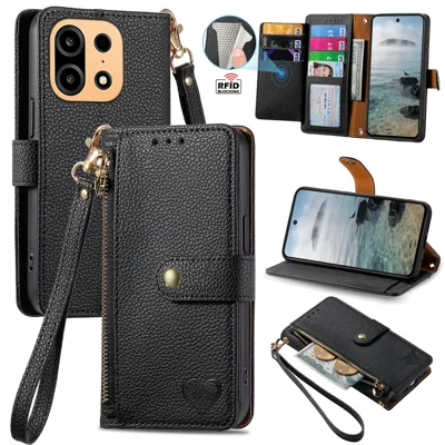 Coque pour OnePlus Turbo 6X Pro 5G avec portefeuille en cuir PU, poche à fermeture éclair, protection RFID, dragonne - Noir