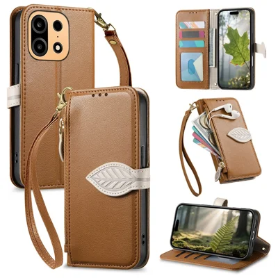 Coque de téléphone en cuir avec fermoir magnétique en forme de feuille, étui support pour OnePlus Turbo 6X Pro 5G, avec dragonne - Brun