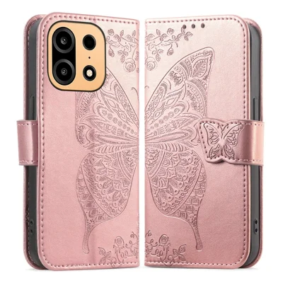 Étui pour OnePlus Turbo 6X Pro 5G avec dragonne, motif papillon, housse portefeuille en cuir PU - Or rose