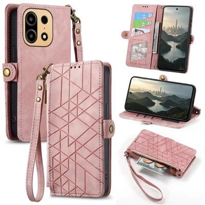 Coque pour OnePlus Turbo 6X Pro 5G avec portefeuille à fermeture éclair, motif géométrique, cuir PU, avec dragonne - Rose