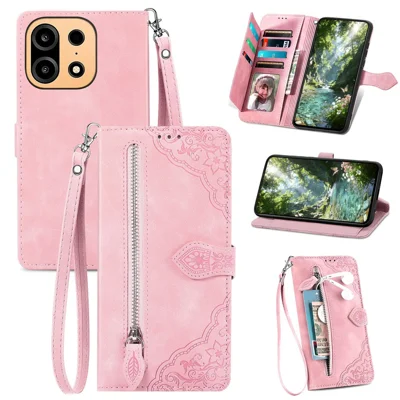 Coque portefeuille zippée avec dragonne pour OnePlus Turbo 6X Pro 5G, housse en cuir PU avec motif floral - Rose
