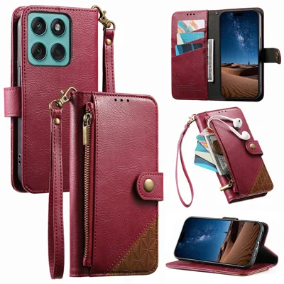 För Motorola Moto G67 Power 5G / Moto G57 Power 5G Skal Färgstudsad TPI PU-läder Vippskydd med handledsband - Röd