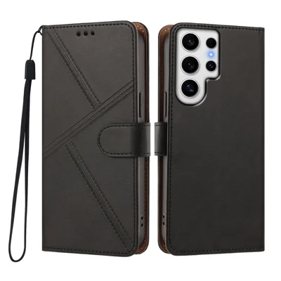  For Samsung Galaxy S24 Ultra Case Diamond Stitch PU Leather Wallet Flip Phone Cover with Wrist Strap - Black