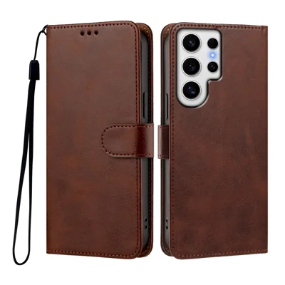  For Samsung Galaxy S24 Ultra Case Wallet Flip Stand PU Leather Phone Cover with Wrist Strap - Brown