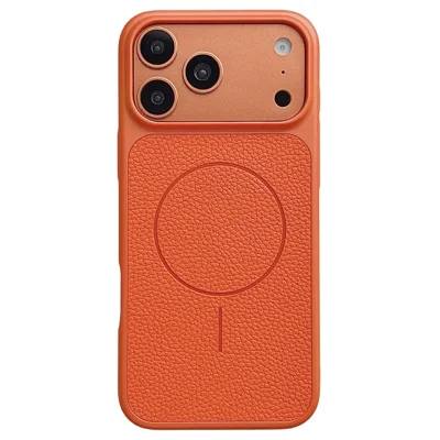For iPhone 17 Pro Max Magnetic Case Litchi Texture Leather Coated PC + TPU Anti-Scratch Phone Cover - Orange
