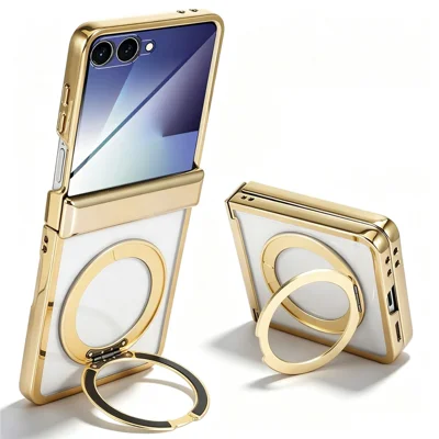 Capa para Samsung Galaxy Z Flip8 com Suporte de Anel Magnético Rotativo, Capa Transparente em PC - Dourada