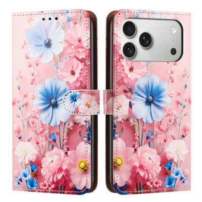 Til iPhone 18 Pro / 17 Pro Case med Printet Mønster, Wallet Flip Stående PU Læder Telefonbeskyttelse med Håndledsrem - Blå Blomst