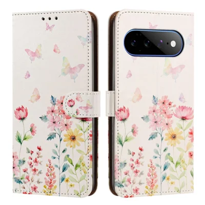 For Google Pixel 9 Pro XL  /  Pixel 10 Pro XL  /  Pixel 11 Pro XL Case Pattern Printed Wallet Flip Stand PU Leather Phone Cover with Wrist Strap - Floral Butterfly