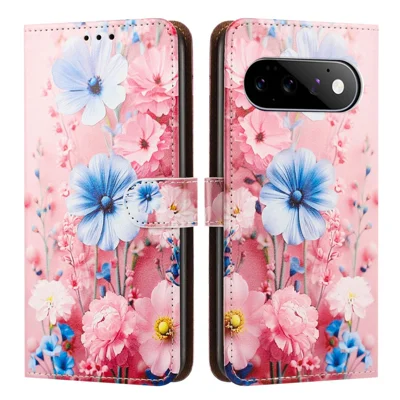 For Google Pixel 11  /  Pixel 10  /  Pixel 10 Pro  /  Pixel 9  /  Pixel 9 Pro Case Pattern Printed Wallet Flip Stand PU Leather Phone Cover with Wrist Strap - Blue Floral